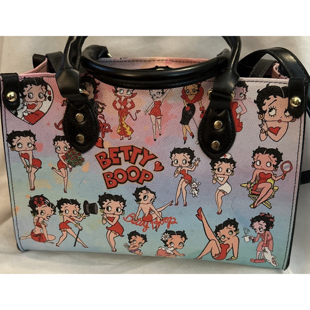 Betty Boop Medium Tote Purse New Cartoon Print Faux Leather Satchel Zipper